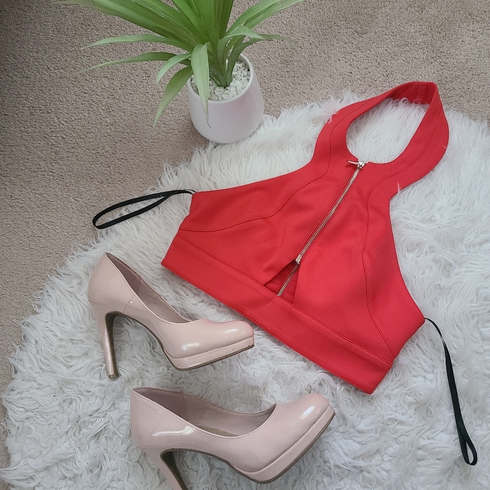 BEBE Halter coral pink front zip crop top
